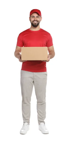 Courier Holding Cardboard Box White Background —  Fotos de Stock