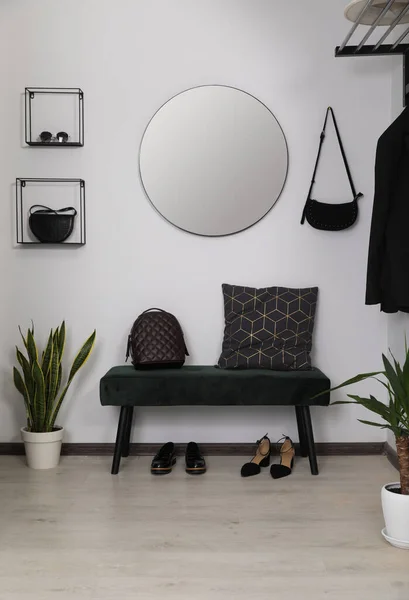 Hallway Interior Black Bench Shoes Mirror Light Wall — Fotografia de Stock