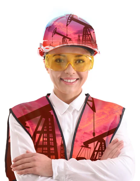 Double Exposure Woman Wearing Uniform Crude Oil Pumps White Background — Stock Photo, Image