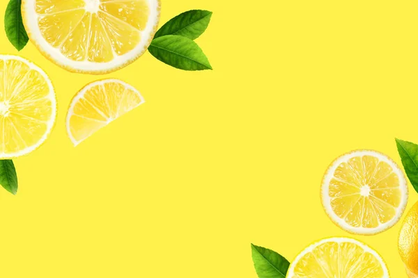 Fresh Ripe Lemons Green Leaves Yellow Background Flat Lay Space — Fotografia de Stock