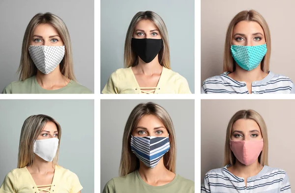 Κολάζ Φωτογραφίες Γυναικών Που Φορούν Προστατευτικές Μάσκες Προσώπου Ανοιχτό Γκρι — Φωτογραφία Αρχείου