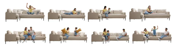 白い背景を背景にスタイリッシュなソファに座っている人々の写真とコラージュ バナーデザイン — ストック写真