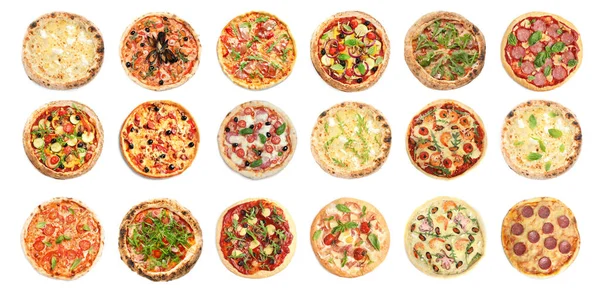 Conjunto Com Diferentes Deliciosas Pizzas Sobre Fundo Branco Vista Superior — Fotografia de Stock