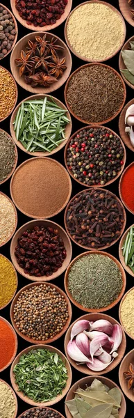 Collection Different Aromatic Spices Herbs Black Background Flat Lay Vertical — Stock Photo, Image
