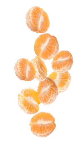 Tasty Peeled Tangerines Falling White Background — Stock Photo, Image