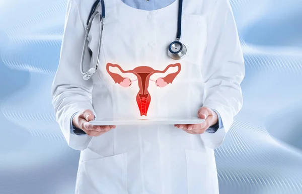 Doktor Demonstrující Virtuální Obraz Infikovaného Ženského Reprodukčního Systému Světlém Pozadí — Stock fotografie