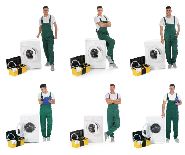 Collage Photos Repairman Toolbox Washing Machine White Background — Stock Photo, Image