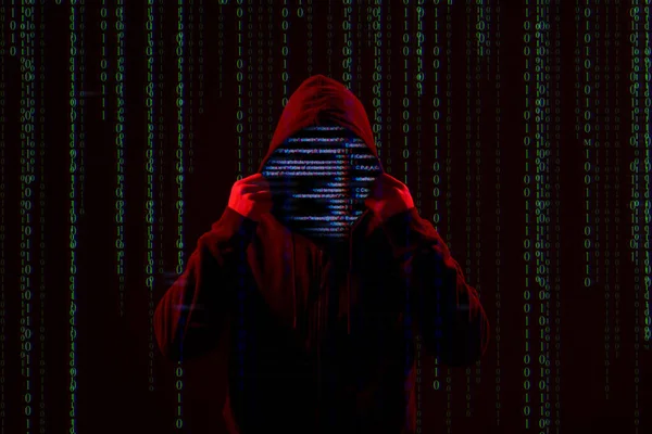 Silhouette of anonymous hacker and digital binary code on dark background. Cyber attack concept