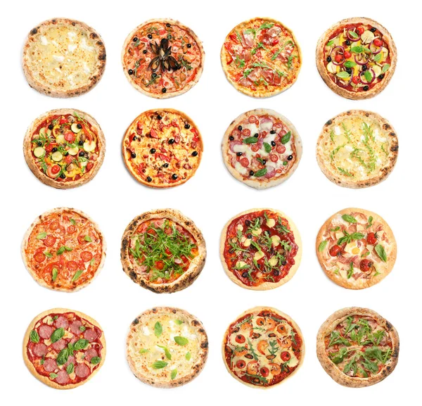 Conjunto Com Diferentes Deliciosas Pizzas Fundo Branco Vista Superior — Fotografia de Stock