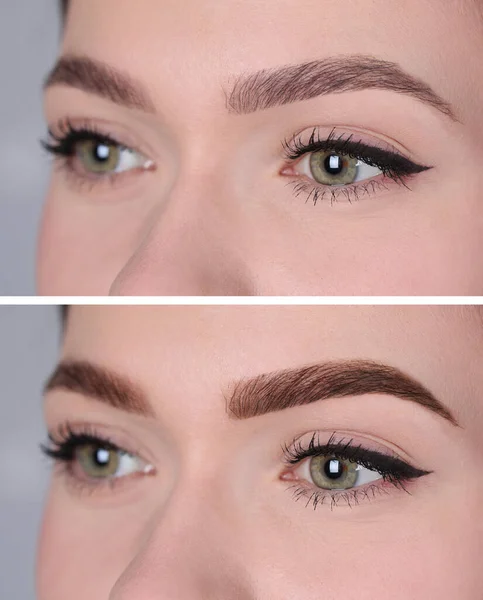 Collage Con Fotos Mujer Antes Después Teñir Las Cejas Con — Foto de Stock