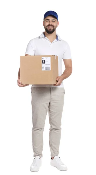 Courier Segurando Caixa Papelão Fundo Branco — Fotografia de Stock