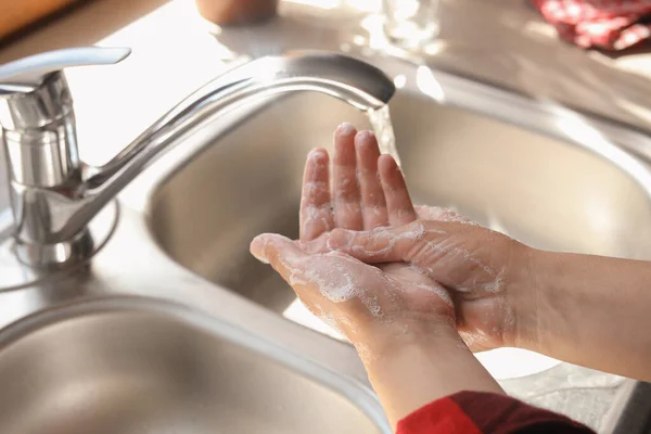Woman Washing Hands Sink Closeup View — Photo