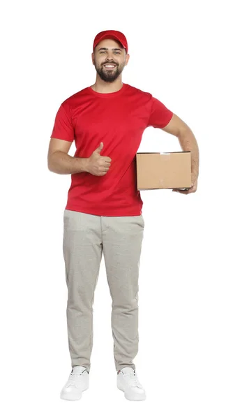Courier Holding Cardboard Box White Background — Fotografia de Stock