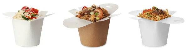 白い背景においしい中華麺の箱がセットされています バナーデザイン — ストック写真