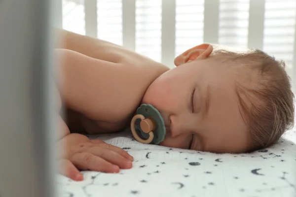 Cute Little Baby Pacifier Sleeping Crib Closeup — Stock Photo, Image