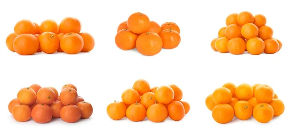 Set Tasty Ripe Tangerines White Background Banner Design — Stockfoto