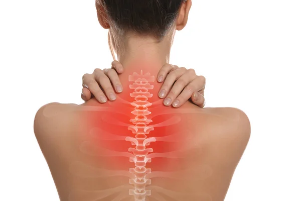 Woman Suffering Pain Neck White Background Closeup — Zdjęcie stockowe
