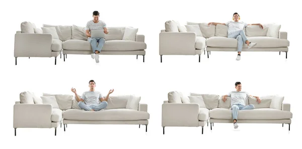 贴有男人坐在白色背景的时髦沙发上的照片的拼贴 — 图库照片