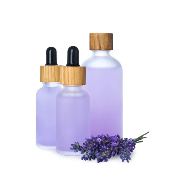 Bottles Lavender Essential Oil Flowers White Background — Stock Photo, Image