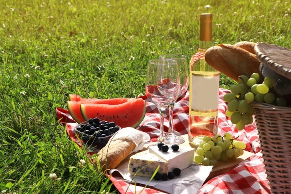 Пікнік Ковдра Смачною Їжею Вином Відкритому Повітрі Літній День — стокове фото