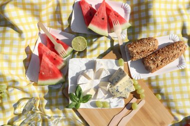 Nefis peynirler, meyveler ve ekmek piknik battaniyesinde, düzlük