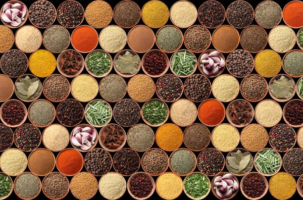 Siyah Zemin Üzerinde Farklı Aromatik Baharat Bitkilerin Toplanması Düz Uzanma — Stok fotoğraf