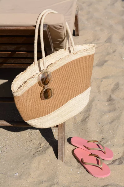 Straw Bag Sunglasses Flip Flops Sand Beach Accessories — Stock Photo, Image
