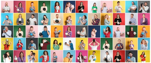 Collage Photos People Holding Piggy Banks Different Color Backgrounds Banner — Stock fotografie