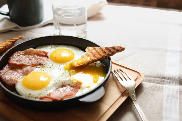 Tasty Fried Eggs Bacon Toast Table Closeup Space Text — Stockfoto