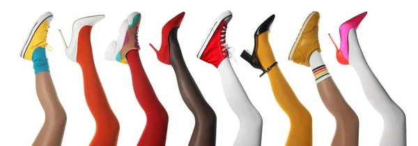 Колаж Фотографіями Жінок Демонструють Модні Колекції Стильного Взуття Колготок Шкарпеток — стокове фото