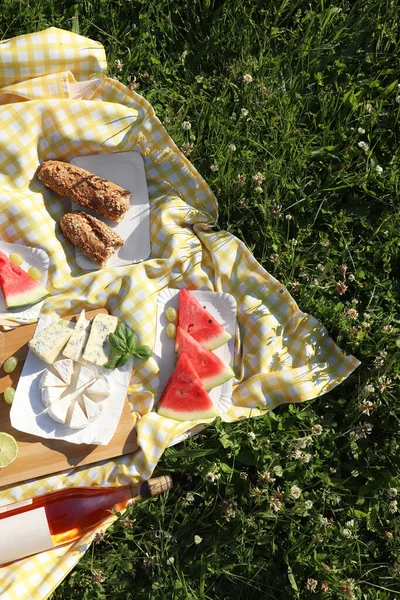 Picnic Blanket Delicious Food Wine Green Grass Outdoors Top View — Foto de Stock