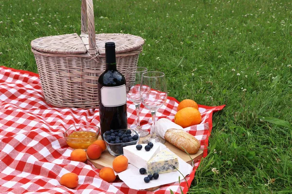 Пікнік Ковдра Смачною Їжею Вином Відкритому Повітрі Літній День — стокове фото