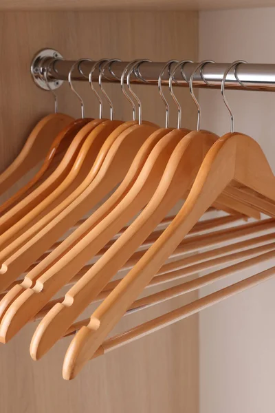Set Clothes Hangers Wardrobe Rail Closeup — Stockfoto