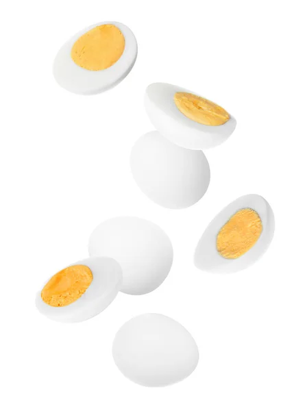 Tasty Hard Boiled Eggs Falling White Background — Photo