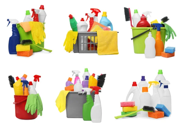 Set Mit Verschiedenen Reinigungsprodukten Und Werkzeugen Auf Weißem Hintergrund — Stockfoto