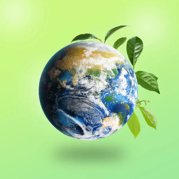 Recycling Concept Earth Planet Green Leaves Color Background — Stock Photo, Image