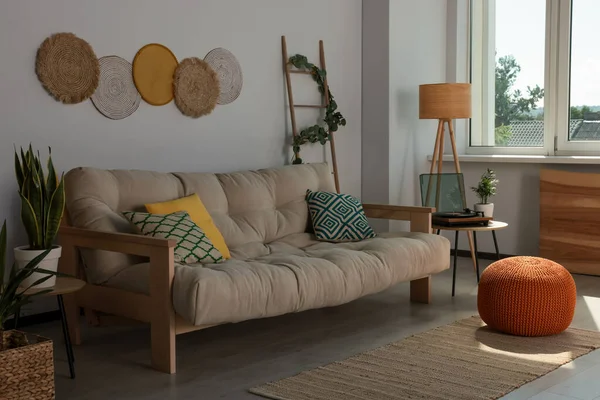 Beautiful Living Room Interior Stylish Beige Sofa — Fotografia de Stock