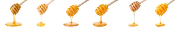 Tasty Natural Honey Dripping Dippers White Background Collage Banner Design — Zdjęcie stockowe