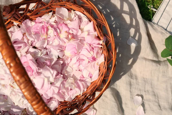 米色面料上的柳条篮美丽的玫瑰花瓣 — 图库照片
