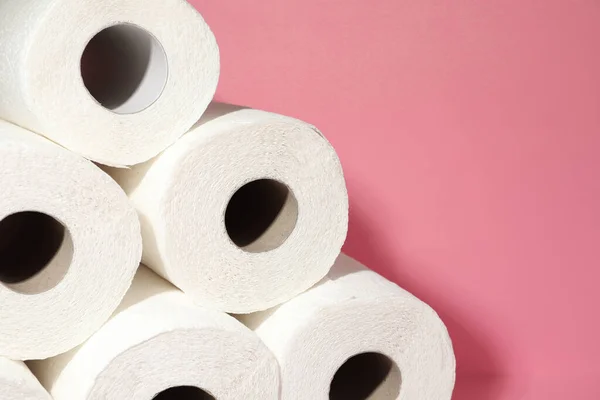 Many Rolls Paper Towels Pink Background Closeup Space Text — 스톡 사진