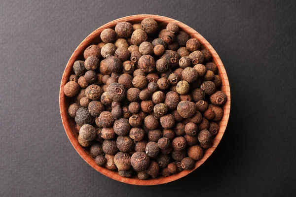 Bowl Allspice Pepper Grains Grey Background Top View — Stock Photo, Image