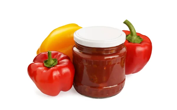 Glass Jar Delicious Canned Lecho Fresh Bell Peppers White Background — Stockfoto