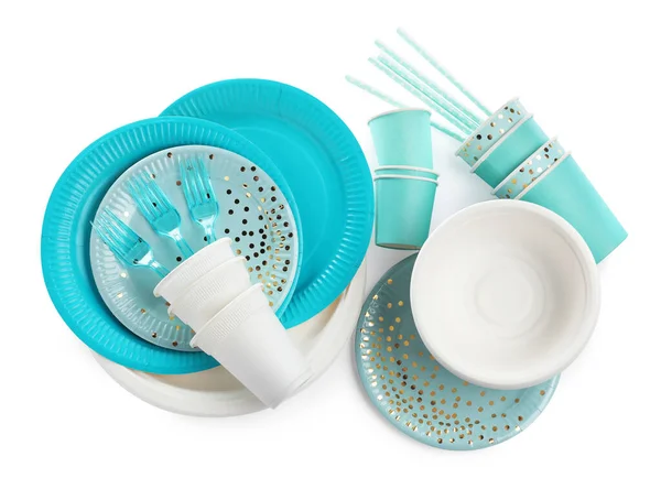 Set Different Disposable Tableware White Background Top View — 스톡 사진