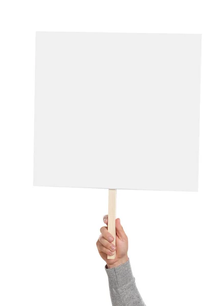 Homem Segurando Sinal Protesto Branco Fundo Branco Close — Fotografia de Stock