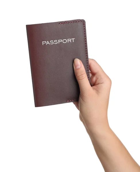 持白底褐色皮箱护照的妇女 特写镜头 — 图库照片