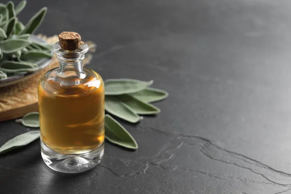 Bottle Essential Sage Oil Leaves Black Table Space Text — Stockfoto