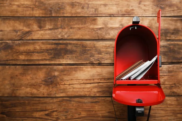 Open Red Letter Box Envelopes Wooden Background Space Text — ストック写真