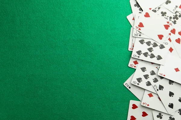 Scattered Playing Cards Green Table Top View Space Text — Foto de Stock
