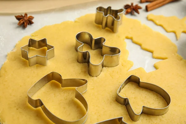 Dough Cookie Cutters Light Table Closeup Christmas Biscuits — Stockfoto