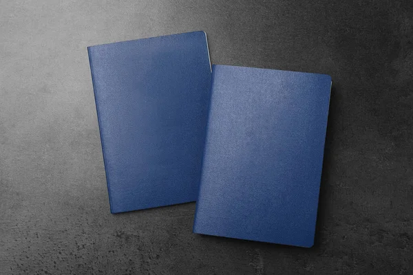Blank Blue Passports Dark Grey Table Flat Lay — Stockfoto